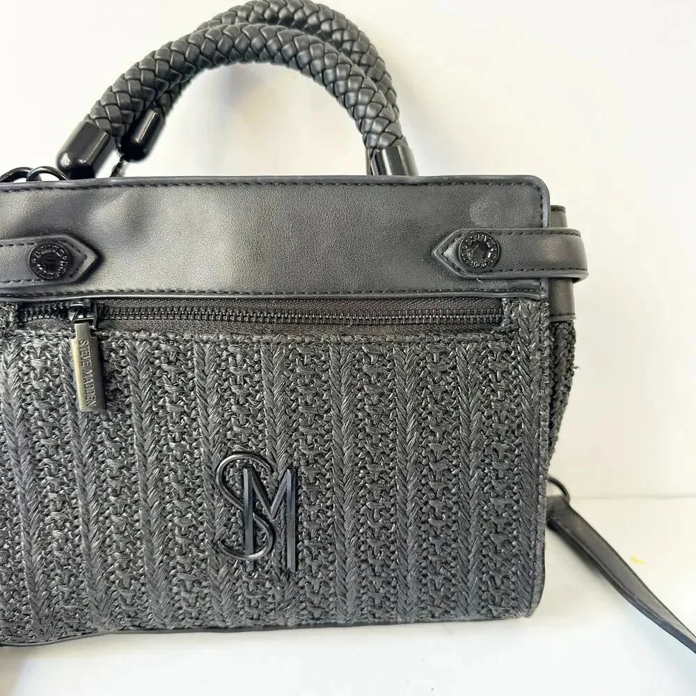 STEVE MADDEN Bhaymann Black Woven Satchel Tote Crossbody Detachable Strap